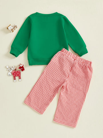 MQTIME  -  Baby Girl Christmas Outfit Reindeer Applique Ruffle Sleeve Top and Red Plaid Pants 2 Piece Set for Toddler Infant